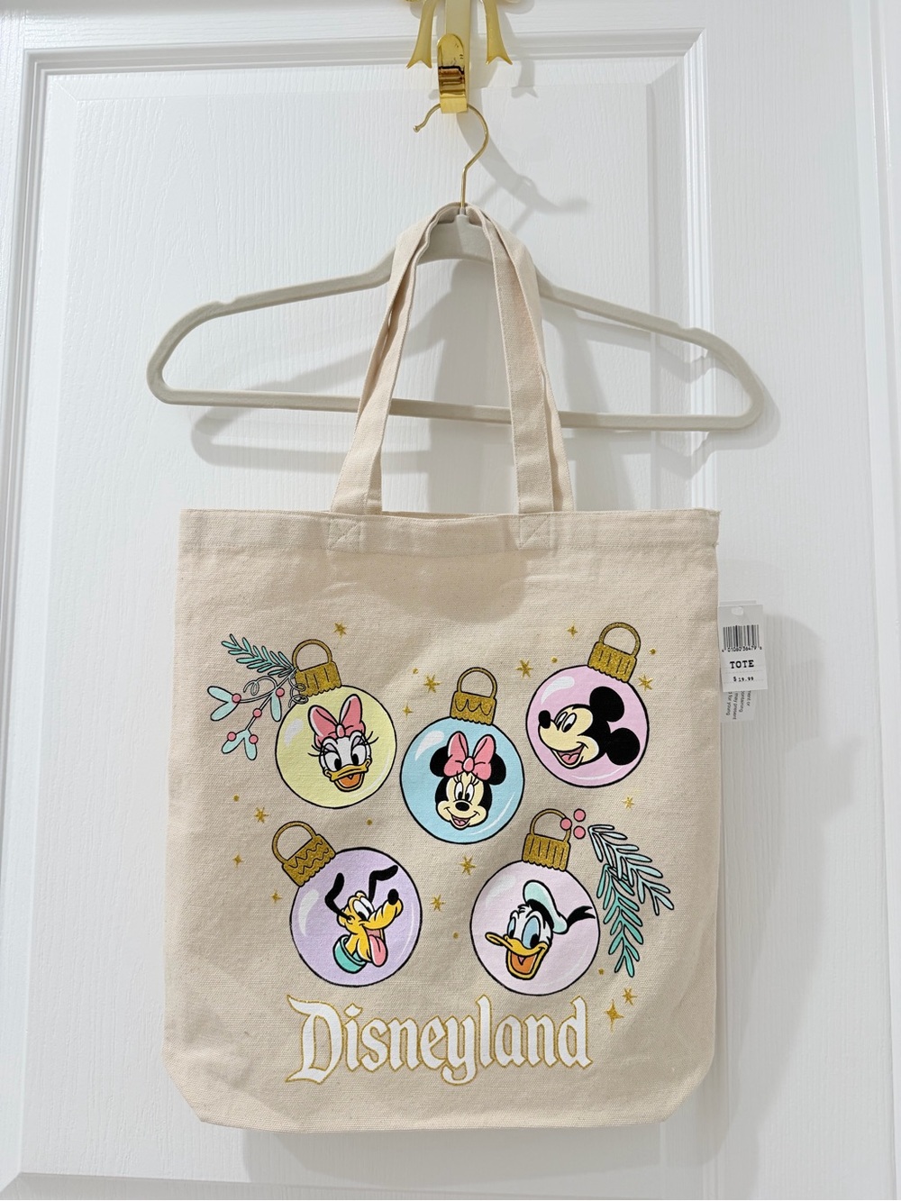 Disney Beige Canvas Tote with Pastel Character Ornament Art